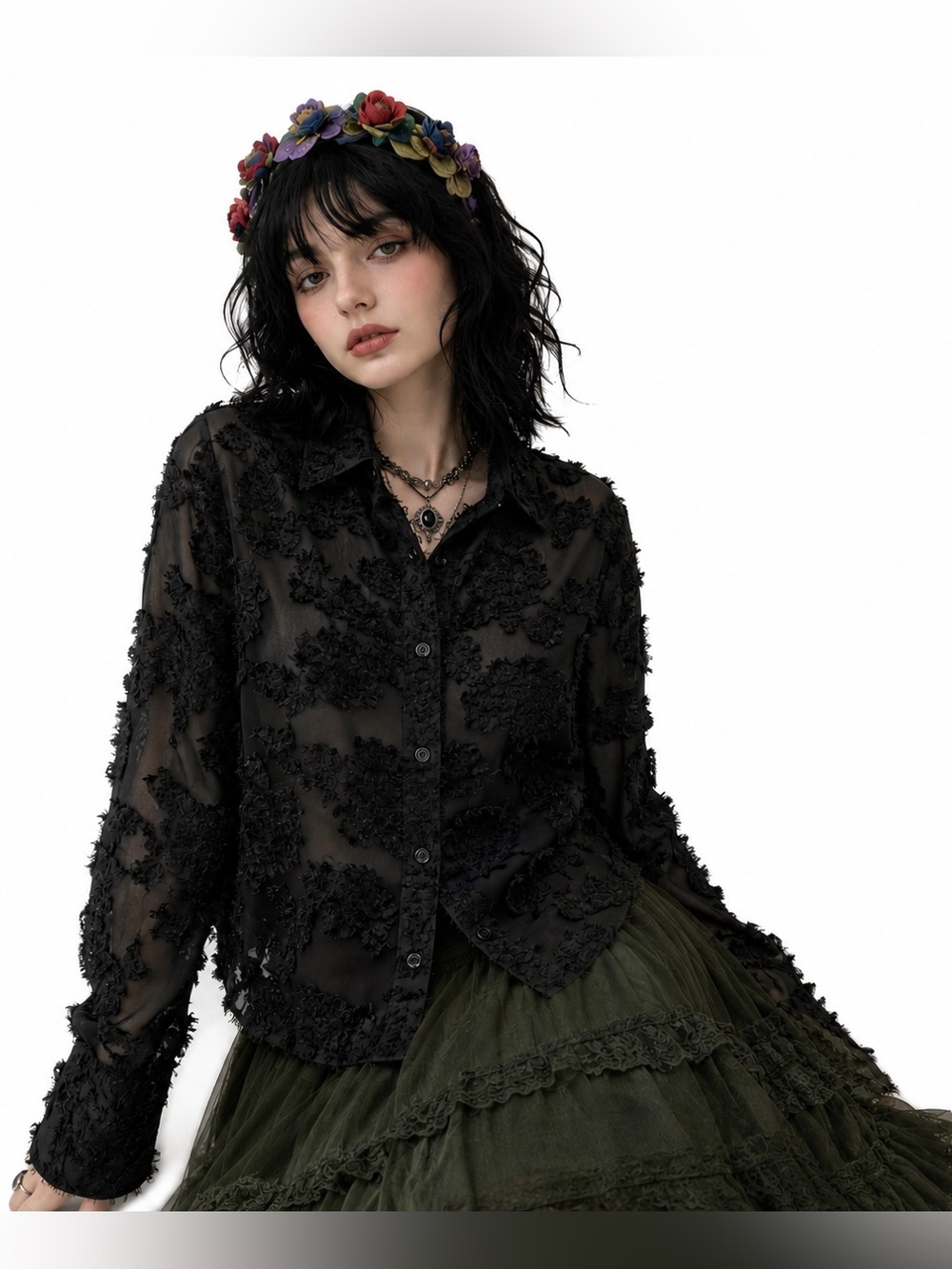 H&M Black Floral Texture Weave Dimensional Top Womens SZ S Witchy Midnight Goth